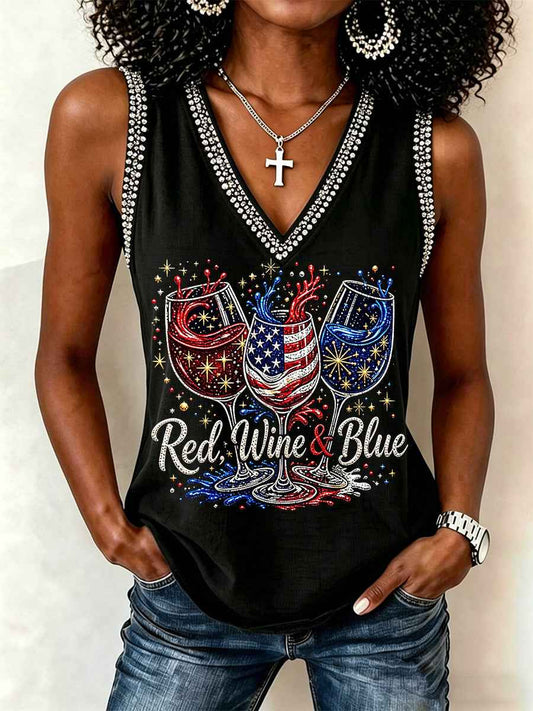 Women's Independence Day Red Wine Blue Print V-Neck Vests