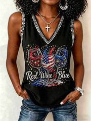 Women's Independence Day Red Wine Blue Print V-Neck Vests