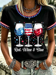 Women's Independence Day Red Wine Blue Print Tee
