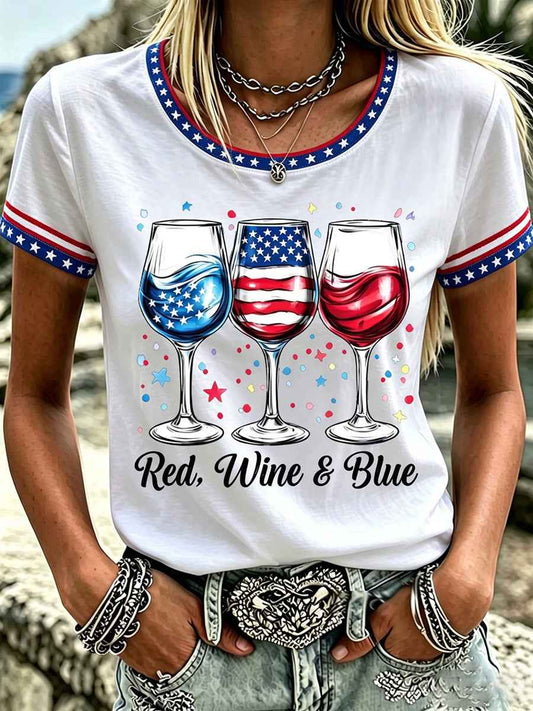 Women's Independence Day Red Wine Blue Print Tee