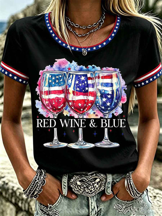 Women's Independence Day Red Wine Blue Print Tee