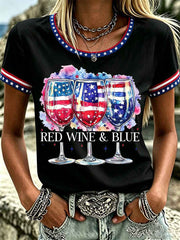 Women's Independence Day Red Wine Blue Print Tee