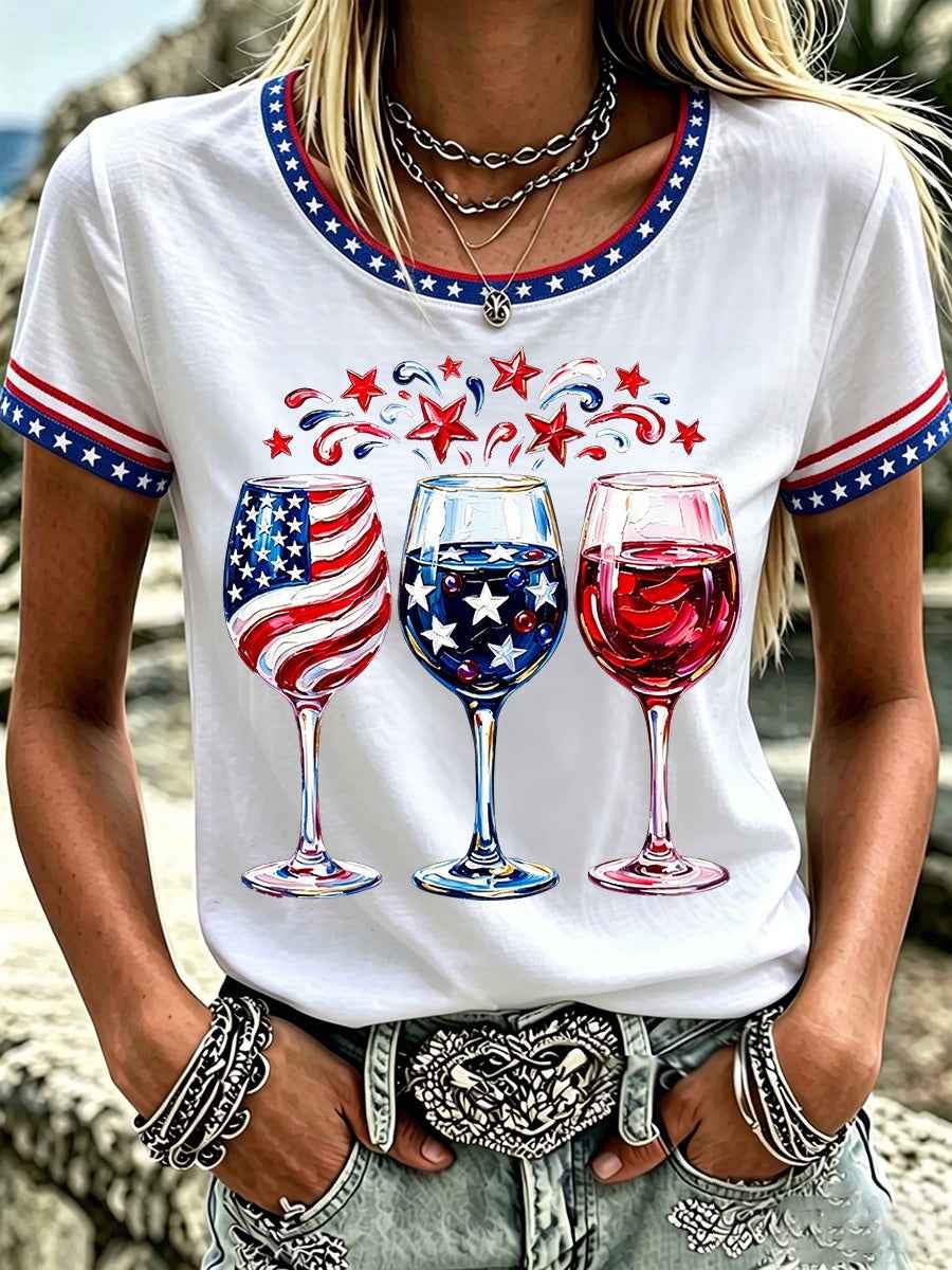 Women's Independence Day Red Wine Blue Print Tee