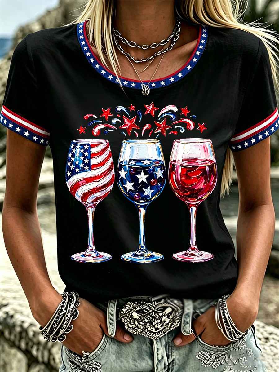Women's Independence Day Red Wine Blue Print Tee