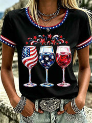 Women's Independence Day Red Wine Blue Print Tee