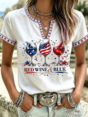 Women's Independence Day Red Wine Blue Print V-Neck Tee