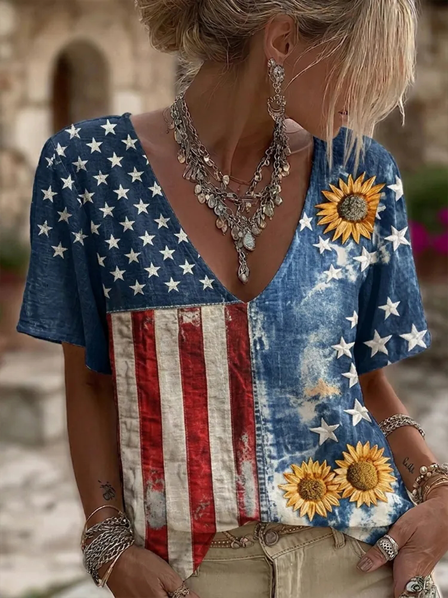 Women's National Flag Flower Linen Short-sleeved T-shirt gracestitchs