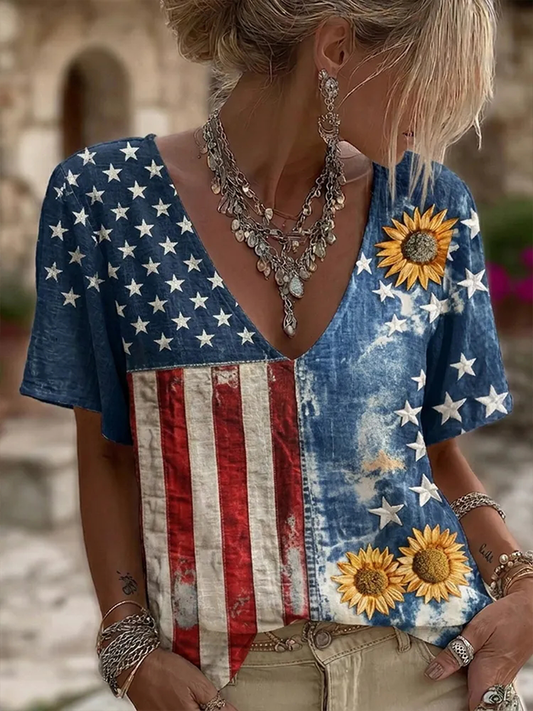 Women's National Flag Flower Linen Short-sleeved T-shirt gracestitchs