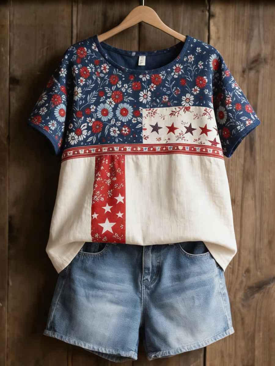 Women's America Floral Print Casual T-Shirt
