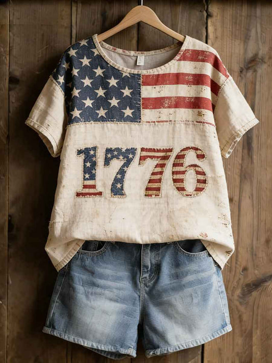 Women's America Floral Print Casual T-Shirt