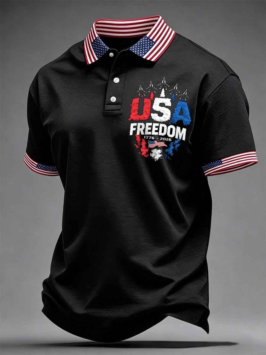 Men's Independence Day USA Flag Jet Print Casual Patriotic Polo