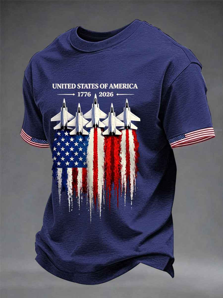 Men's Independence Day USA Flag Jet Print Casual Tee