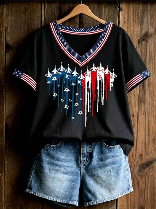 Women's Independence Day USA Flag Jet Heart Print Casual V-Neck Tee