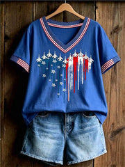 Women's Independence Day USA Flag Jet Heart Print Casual V-Neck Tee