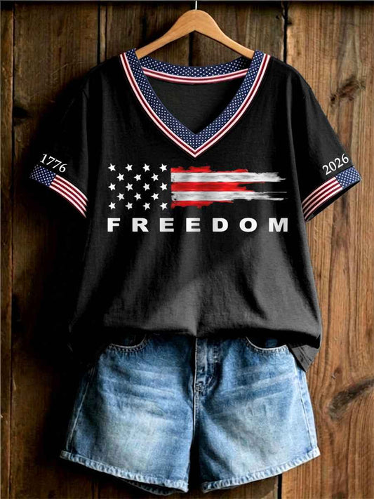 Women's Independence Day USA Flag Freedom Print Casual V-Neck Tee