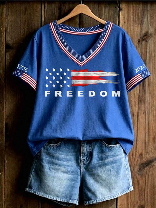 Women's Independence Day USA Flag Freedom Print Casual V-Neck Tee