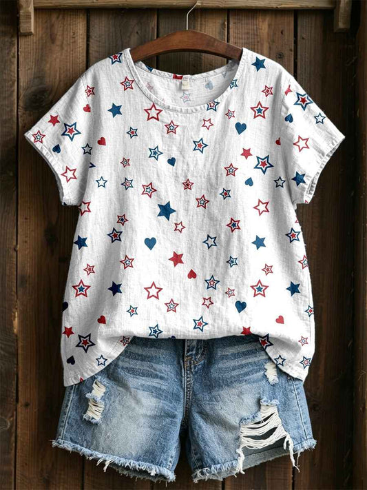 Women's Patriotic American Stars Print Cotton Linen Top