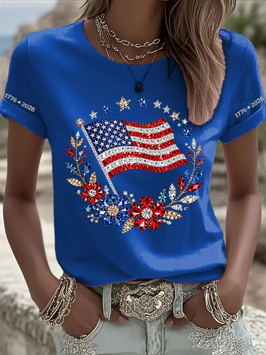 Women's American Flag Flowers Short-sleeved T-shirt gracestitchs