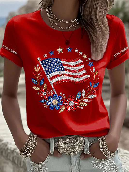 Women's American Flag Flowers Short-sleeved T-shirt gracestitchs