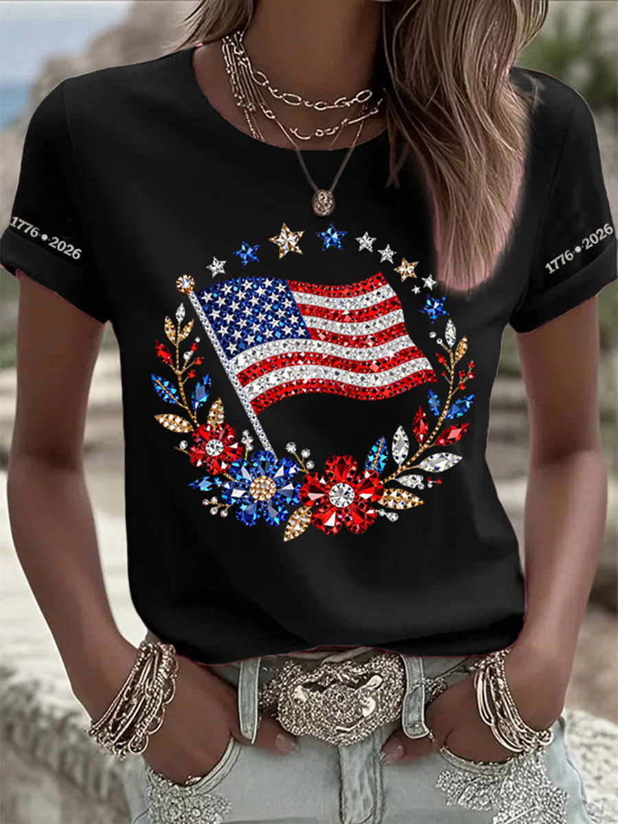 Women's American Flag Flowers Short-sleeved T-shirt gracestitchs