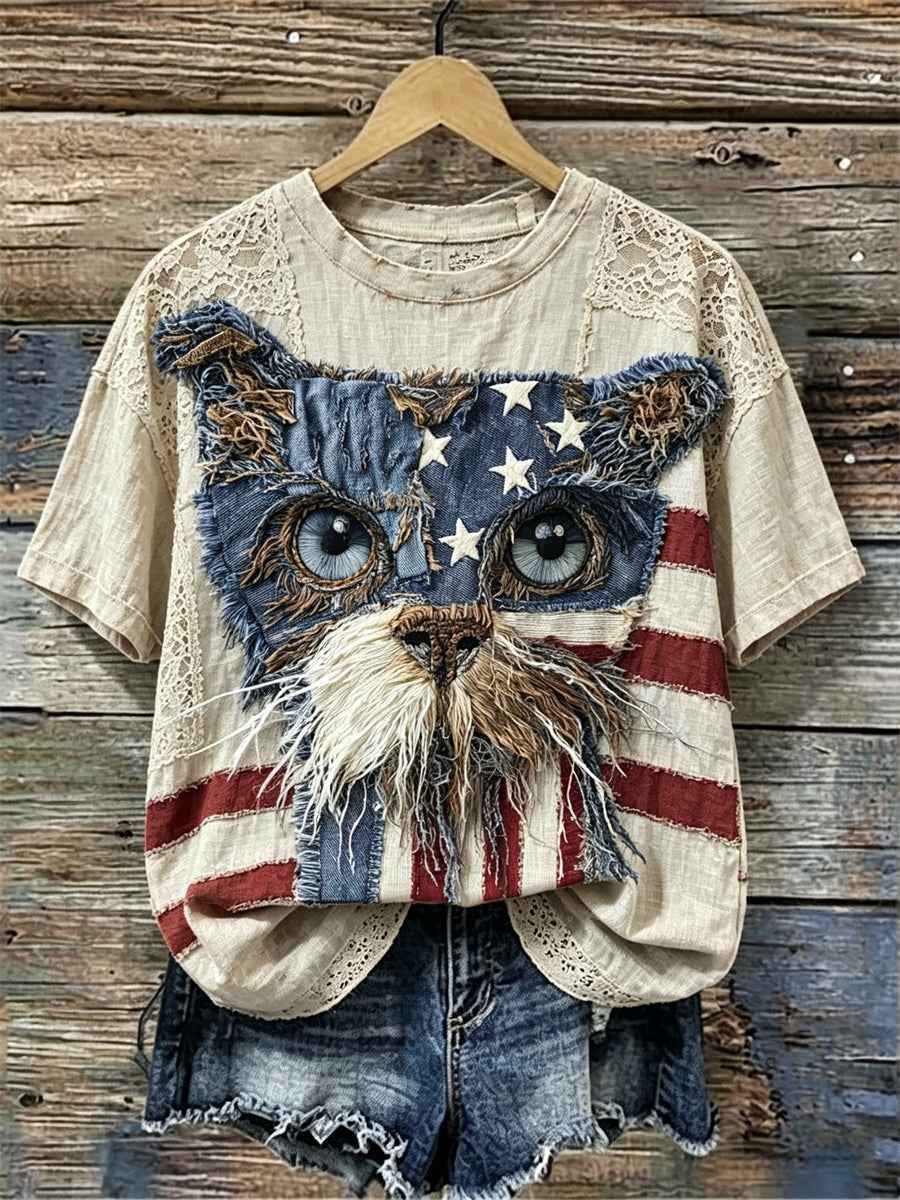 Women's Lovely Cat American Flag Fiber Art Print linen short-sleeved T-shirt