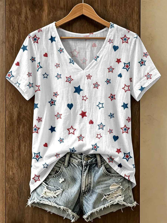Women's Patriotic American Stars Print Cotton Linen V-Neck Top