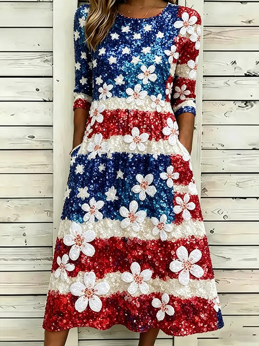 Women's American Flag Flowers Dresses gracestitchs