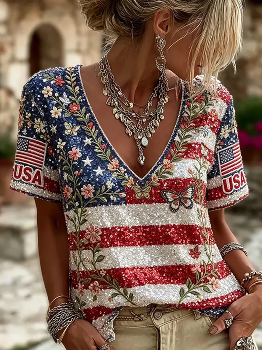 Women's American Flag Flowers Short-sleeved T-shirt gracestitchs