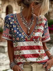 Women's American Flag Flowers Short-sleeved T-shirt gracestitchs