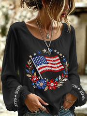 Women's American Flag Flowers Cotton-Linen Shirt gracestitchs
