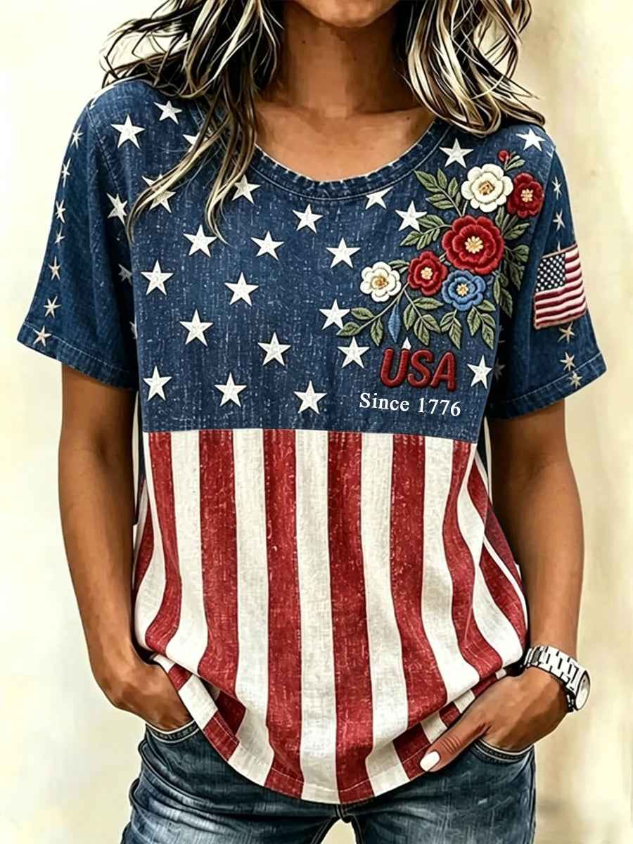 Women's Independence Day USA Flag Floral Print Casual Patriotic Tee