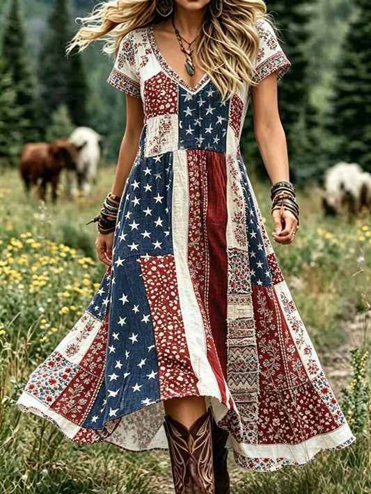 Women's Floral USA Flag Print Casual Dress