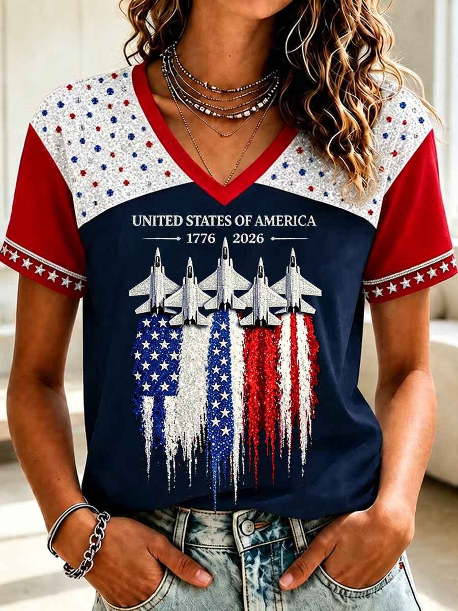 Women's Independence Day USA Flag Jet Print Casual V-Neck Patriotic Tee