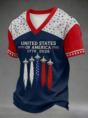 Men's Independence Day USA Flag Jet Print Casual Patriotic V-Neck Tee