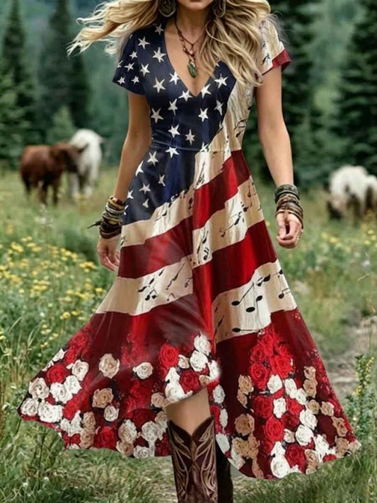 Women's Floral USA Flag Print Casual Dress