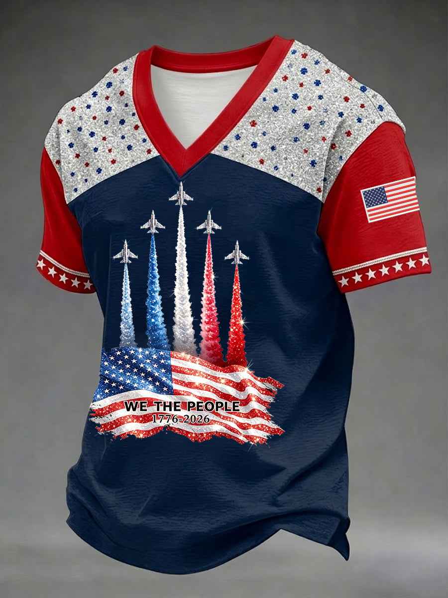 Men's Independence Day USA Flag Jet Print Casual Patriotic V-Neck Tee