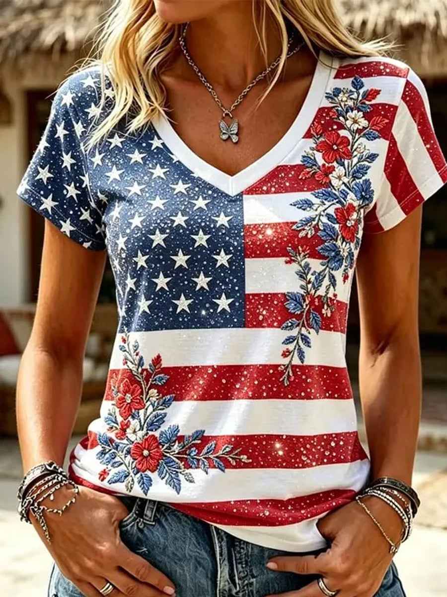 Women's Independence Day USA Flag Floral Print Casual V-Neck Patriotic Tee