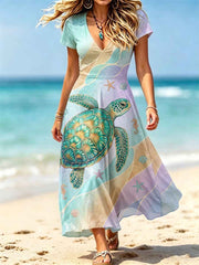 Women's Ocean Animals Turtle Printed V-Neck Dress