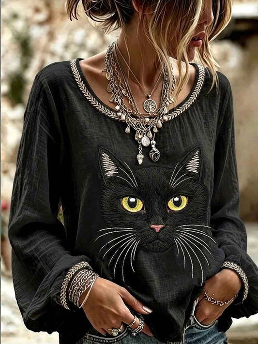 Women's Vintage Black Cat Face Art Linen Round Neck  Top
