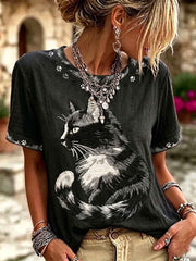 Women's Vintage Black Cat  Art Linen Round Neck Short Sleeves Top