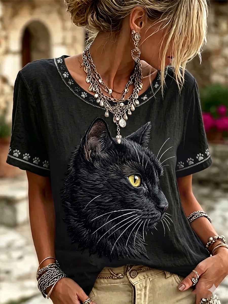 Women's Vintage Black Cat Face Art Linen Round Neck Short Sleeves Top