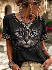 Women's Vintage Black Cat Face Art Linen Round Neck Short Sleeves Top