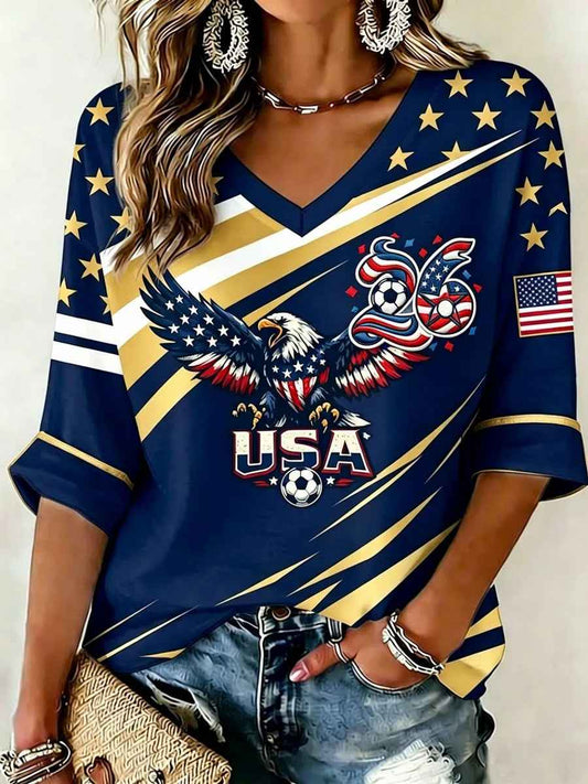 Women's USA Football Printed V-Neck T-Shirt