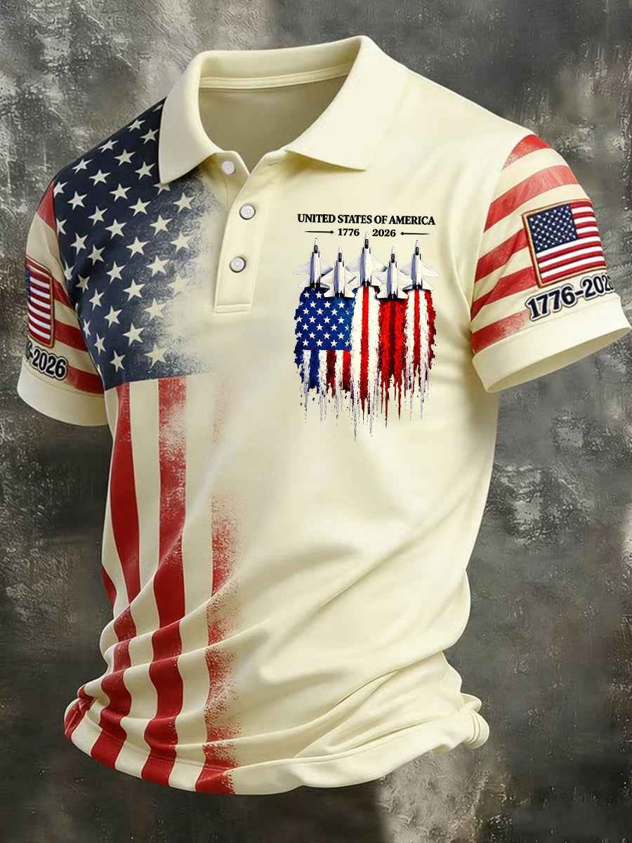 Men's Independence Day USA Flag Jet Print Casual Patriotic Polo