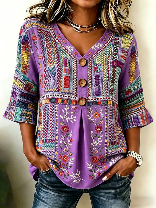 Women's Casual Alzheimer's Floral Print Cotton-Linen Shirt gracestitchs
