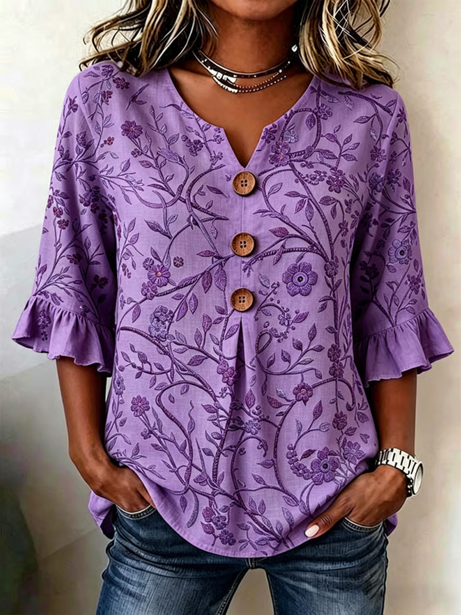 Women's Casual Alzheimer's Floral Print Cotton-Linen Shirt gracestitchs