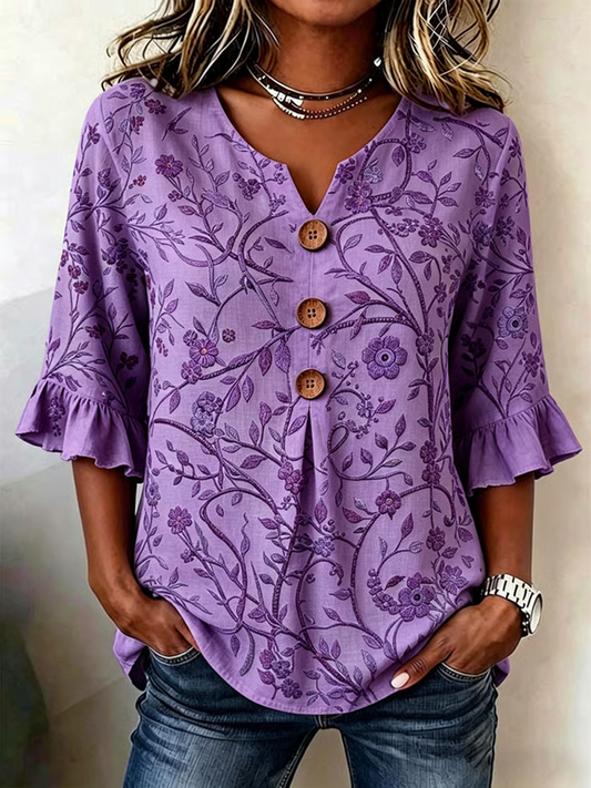 Women's Casual Alzheimer's Floral Print Cotton-Linen Shirt gracestitchs