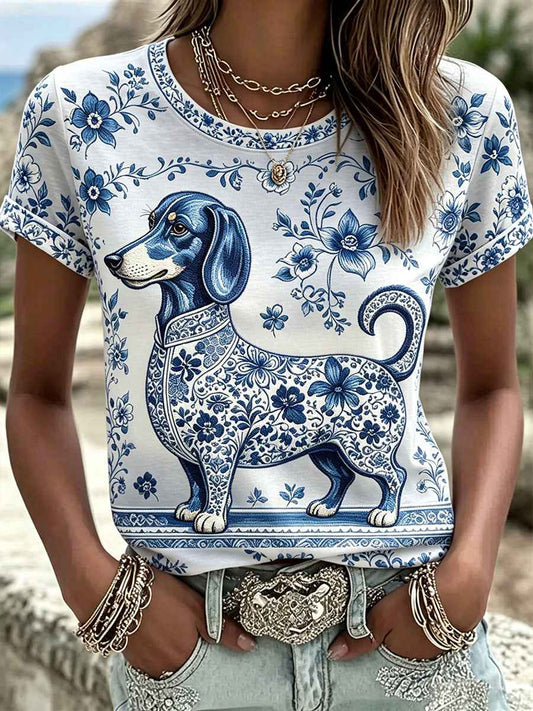 Women's Sausage Dog Floral Print T-Shirts