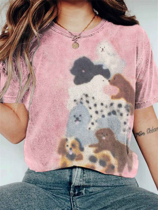 Women's Lovely Dogs Fuzzy Art short-sleeved T-shirt