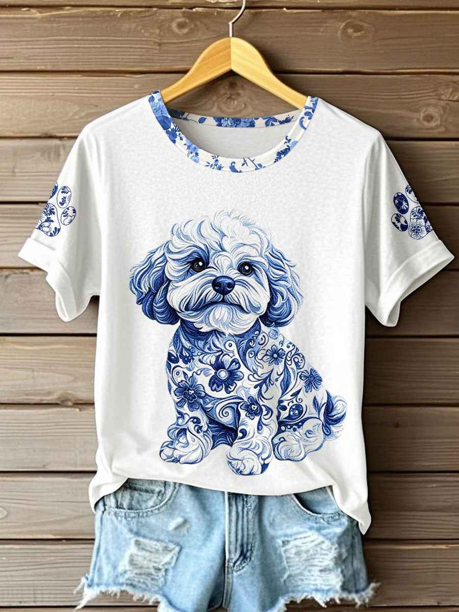 Women's Chinese Style Animal Blue and White Porcelain Print T-shirt